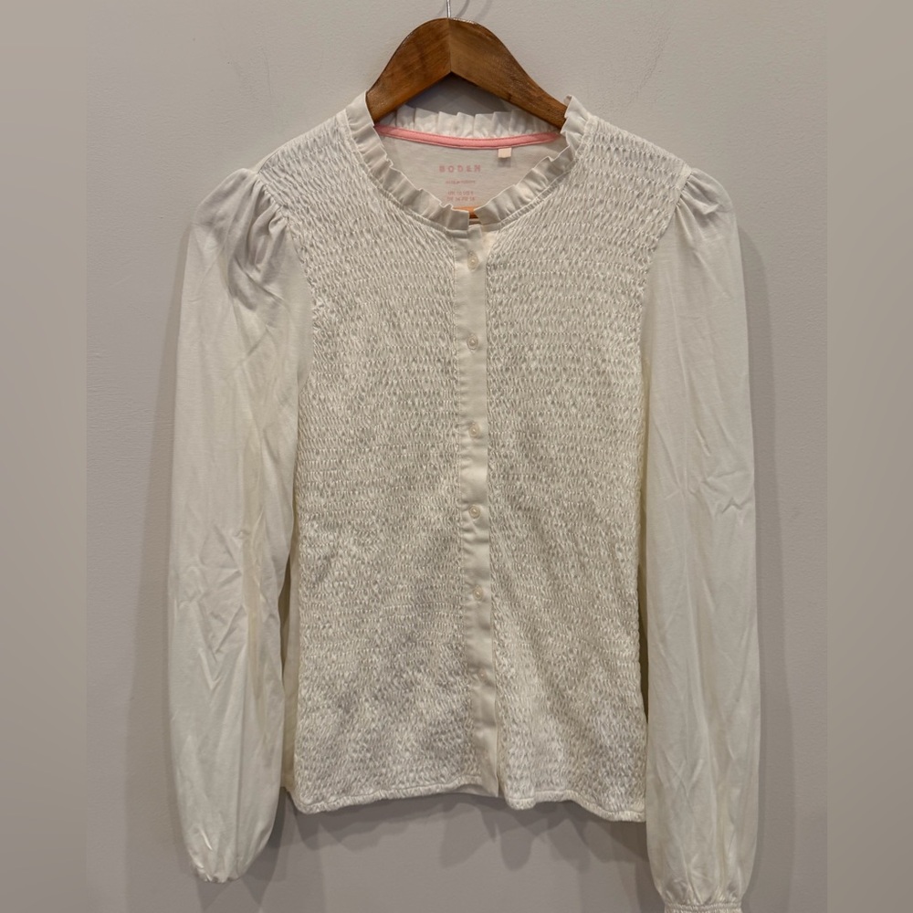 Boden Smocked Button Front Blouse Size 6 US Ivory White Long Sleeve NWOT